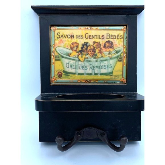 French Savon Des Gentils BebesSmall Wooden Shelf With Tile Display and Metal H
